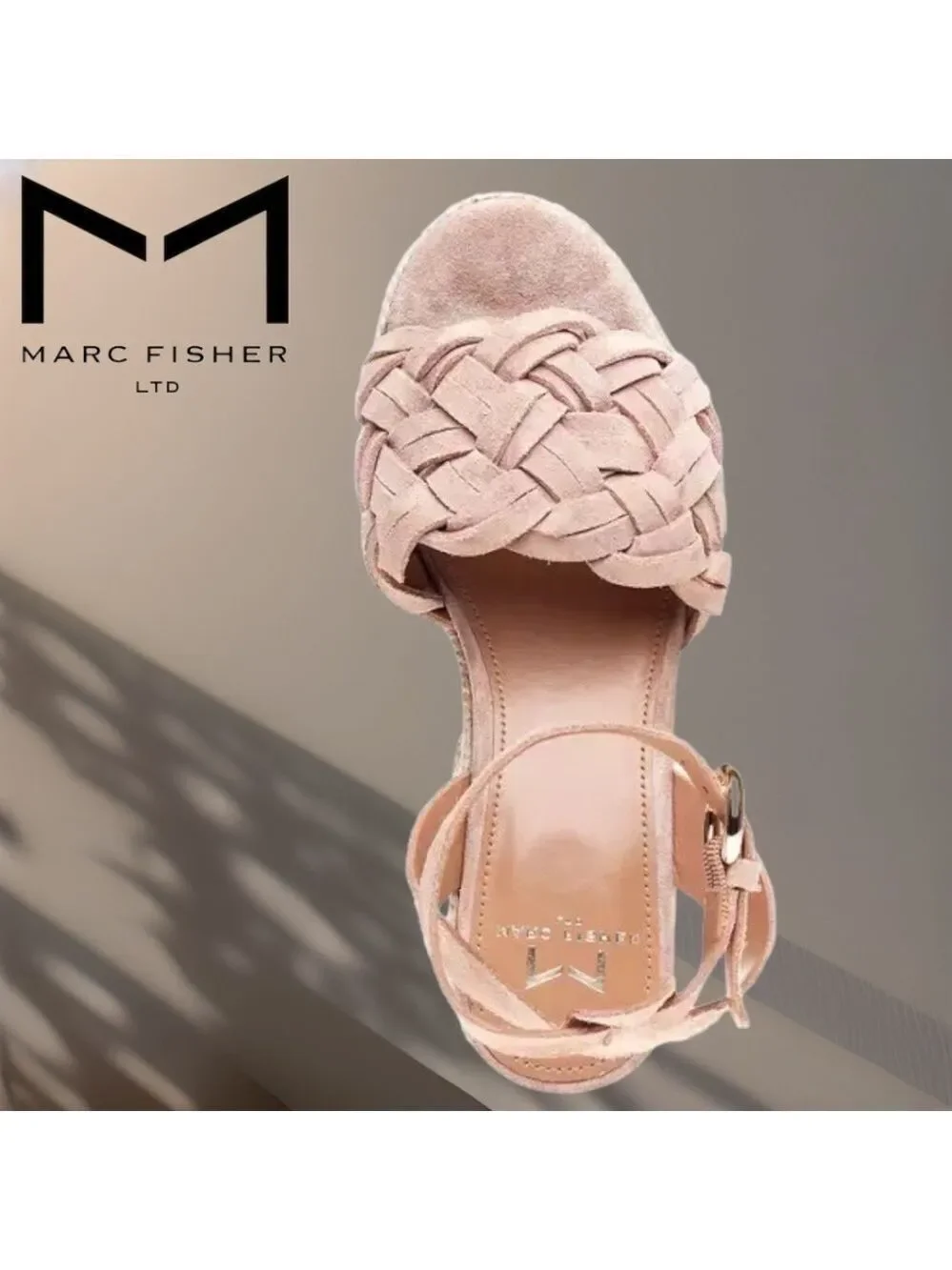 MARC FISHER Odilia Leather Upper Jute-Wrapped Platform Espadrille Wedge Sandals